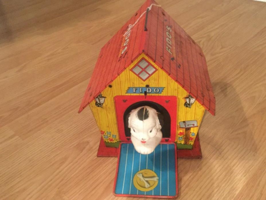 Vintage 1950's Fido's Musical Dog House Tin Toy ( WORKING )