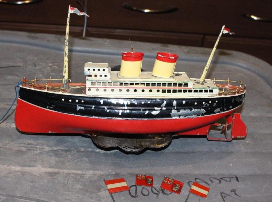 Antique 1930's Fleischmann Wind Up Tin Boat Steam Ship Liner Vintage Toy
