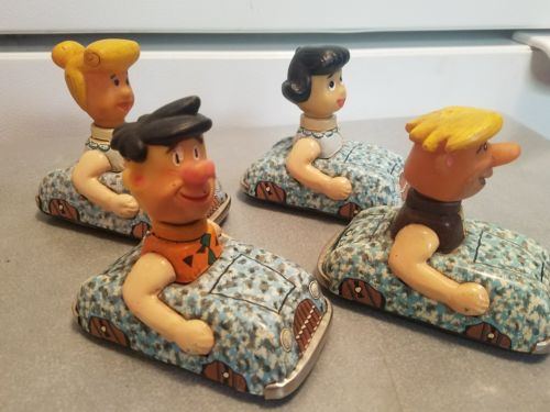 4 Vintage Metal Toy Flintstones Marx Mechanical Friction Cars Soft Head Figures