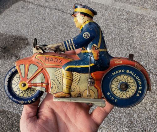 Vintage Marx Tin Windup Police Mystery Motorcycle Litho Harley Davidson Toy Cop