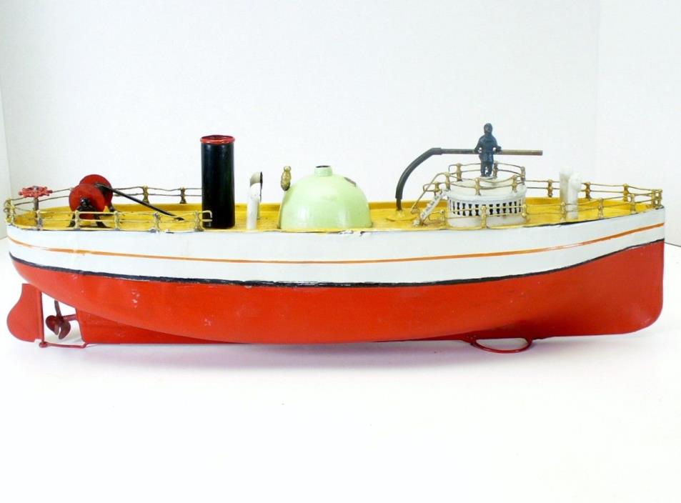 RARE LARGEST SIZE CARETTE  TIN WINDUP HAND-PAINTED  FIRE-FIGHTING BOAT WITH PUMP
