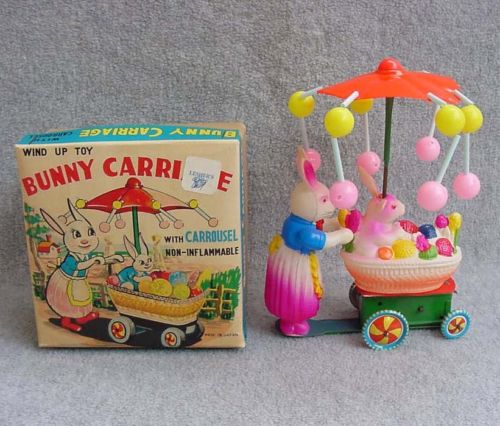 Celluloid Wind-up Vintage Bunny Carriage With Carrousel Easter Toy MIB JAPAN