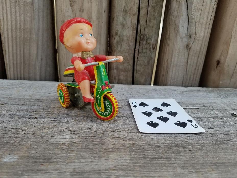 Boy on Tricycle with Ringing Bell Retro Clockwork Wind Up Tin toy