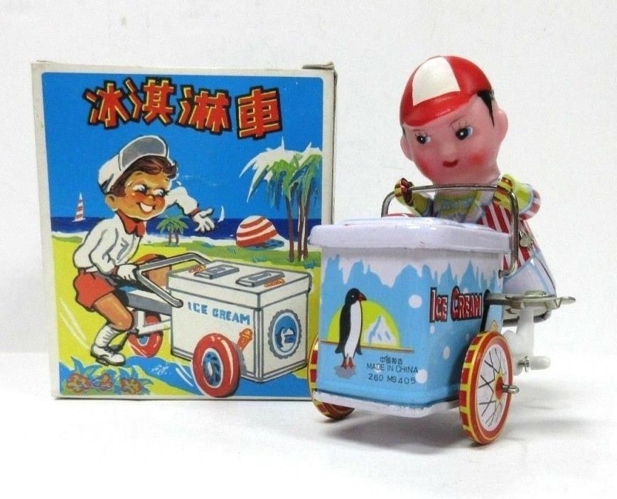Vintage Tin Toy MS405 Ice Cream Man With Cart Metal Wind Up