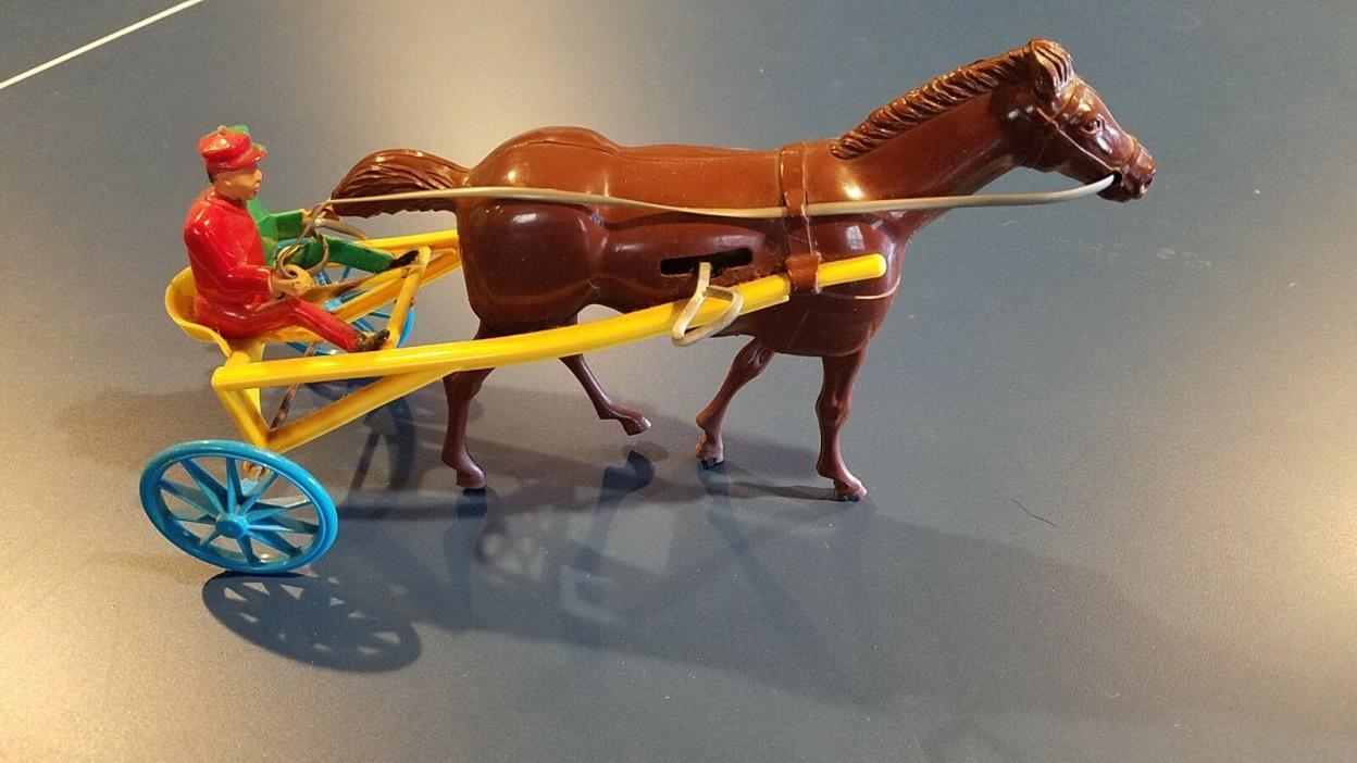 Vintage Wind-Up Toy Horse Race Plastic Jockey Red & Yellow - Working