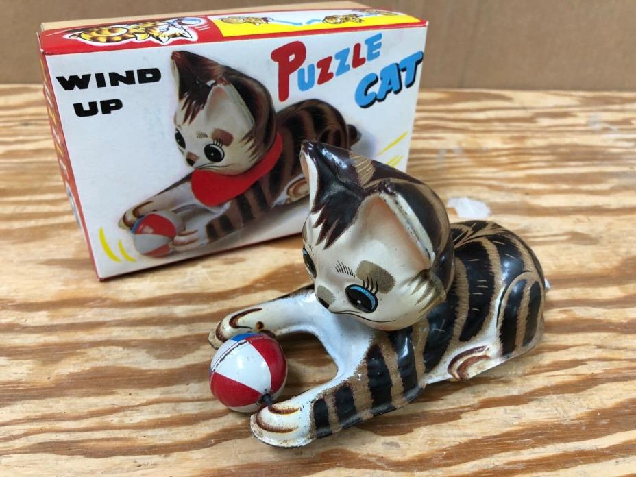 Vintage 1970s Wind Up Puzzle Cat Made in Japan Tin Toy. Works! Original Box
