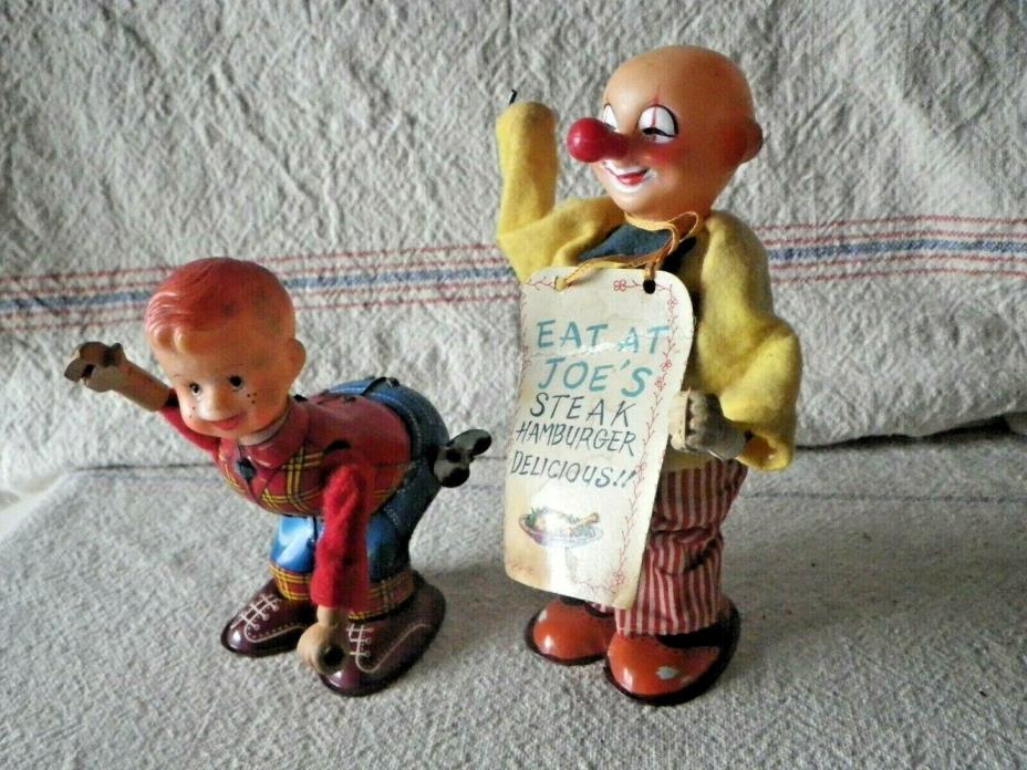 2 Vintage Tin Wind Up Toys Toy Clown & Little Boy For Parts or Repair