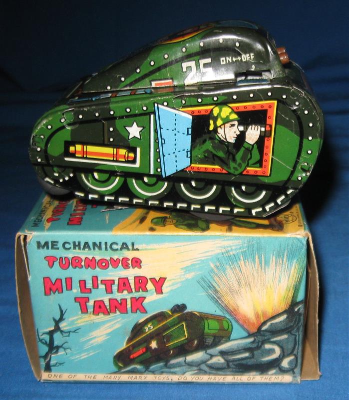 1960s Marx Mechanical Turnover Military Tank with Original Box Japan J-9603