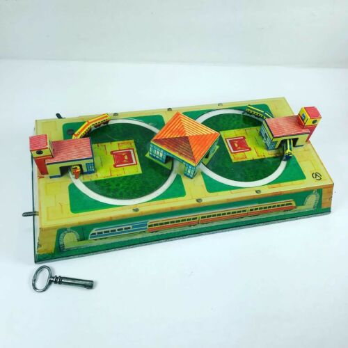 Vintage Russian Lithograph Tin Mechanical Wind Up Train Station Railroad Toy