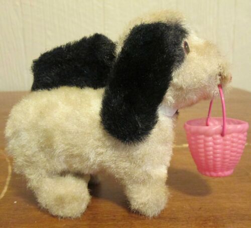 Vintage Wind Up Mechanical Plush Dog with Basket Wagging Tail Toy Made in Japan