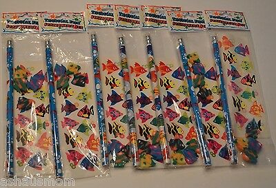 Goody Bags Lot Of 7 Fish Tropical Sets Party Treats Pencil Sticker Eraser Prize