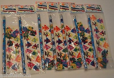 Goody Lot Of 7 Fish Tropical Sets Party Treats Pencil Sticker Eraser Prize