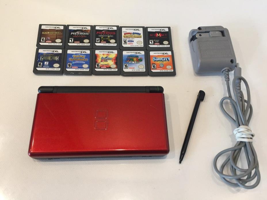 Nintendo DS Lite Metallic Crimson Red w Charger Stylus 10 Games Mario Mega Man