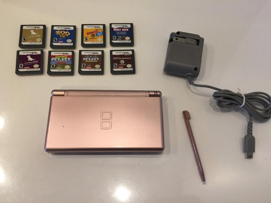 Nintendo DS Lite Metallic Rose Pink w Charger Stylus 8 Games