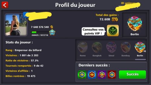 8 Ball Pool Account 7,6 bilion 17/20 legandary with Archonte vip emerade 212 lvl