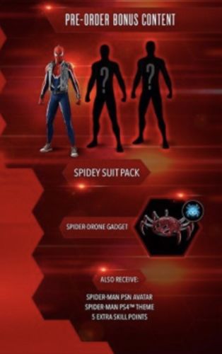 Spider-Man Pre Order Bonus DLC Spidey Suit Pack Drone Gadget Avatar PS4 *FAST*