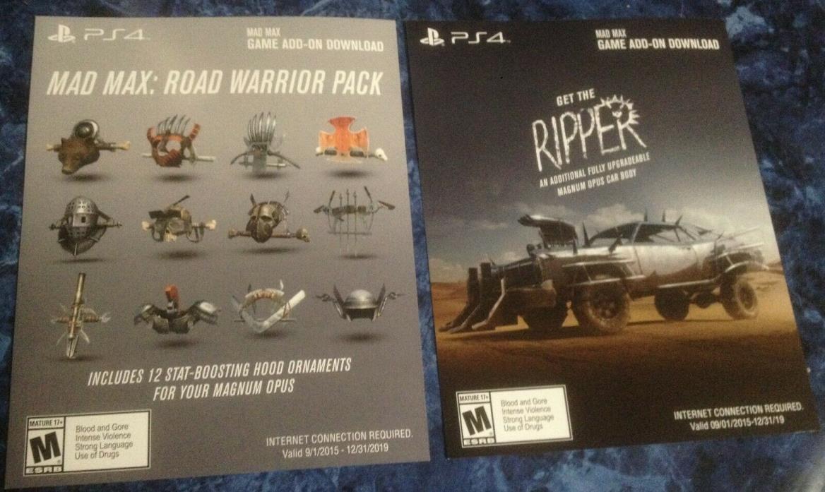 Mad Max PS4 2 Exclusive Download Codes DLC Ripper and Warrior Pack Game Add-On