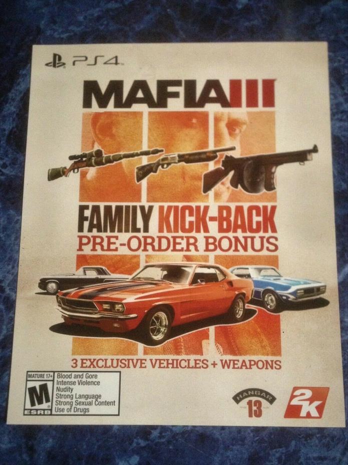 Mafia III 3 PS4 Family Kick-Back Pre-Order Bonus DLC Exclusive Vehicles Weapons