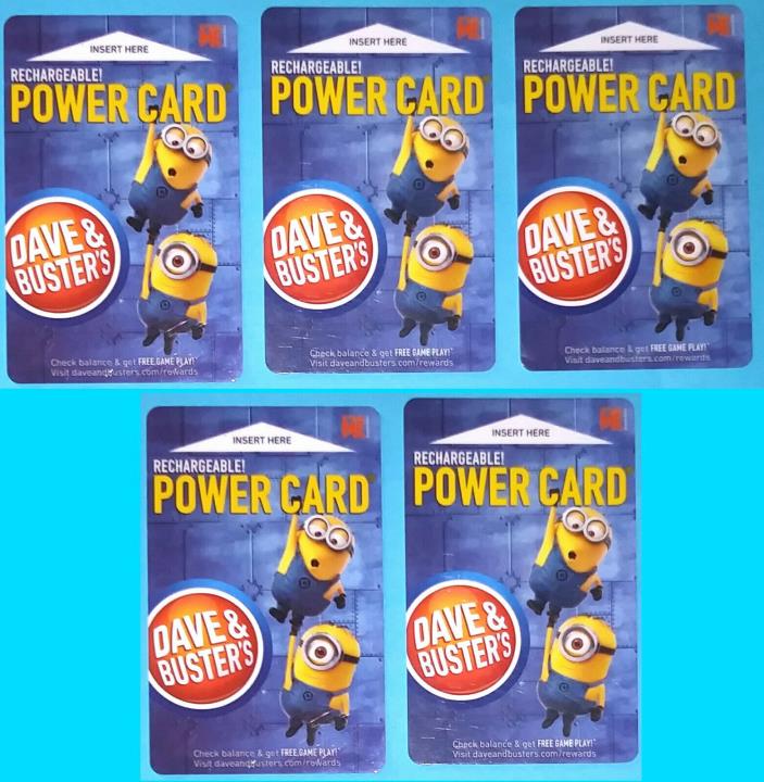 Dave & Buster's Minions Rechargeable Power Cards LOT OF 5 w/o Game Chips/Tokens