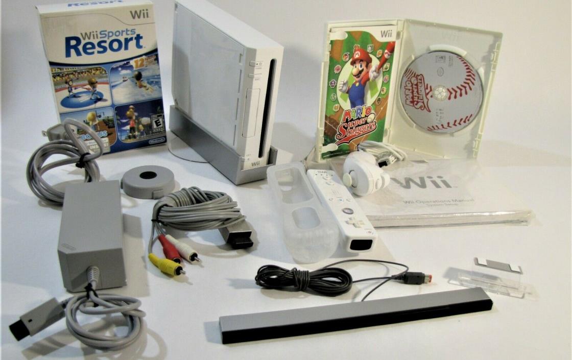 Wii White Console Bundle Wii Resort  Mario Super Slugger Clean Tested