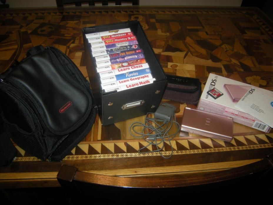 Nice Pink Nintendo DS Lite W/ 2 Carrying Cases, Charger, Storage Case & 13 Games