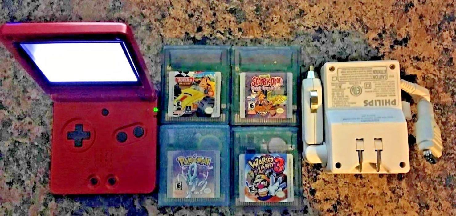 Nintendo Game Boy Advance SP Fire Red Edition Bundle w/ charger 4 GB color games