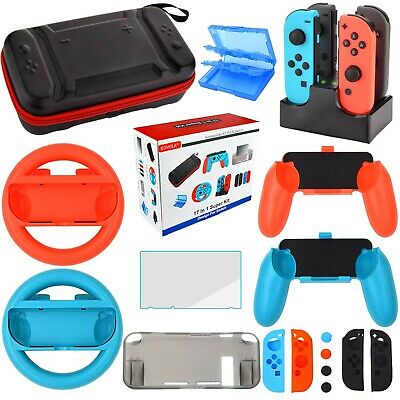 Accessories Kit for Nintendo Switch Games Bundle Wheel Grip Caps Carrying Cas...