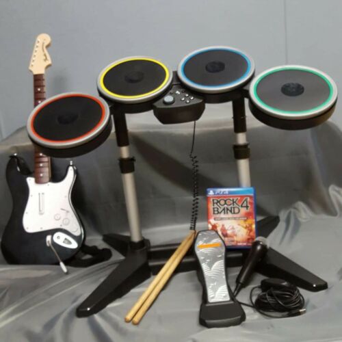 Rock Band 4 Guitar Bundle COMPLETE Drums, Game, Mic, Guitar, Sticks TESTED