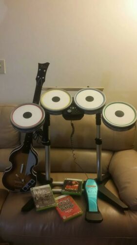 Wireless Xbox 360 Rock Band Drum Set + 3 Games MIC Beatles Hofner Guitar Bundle