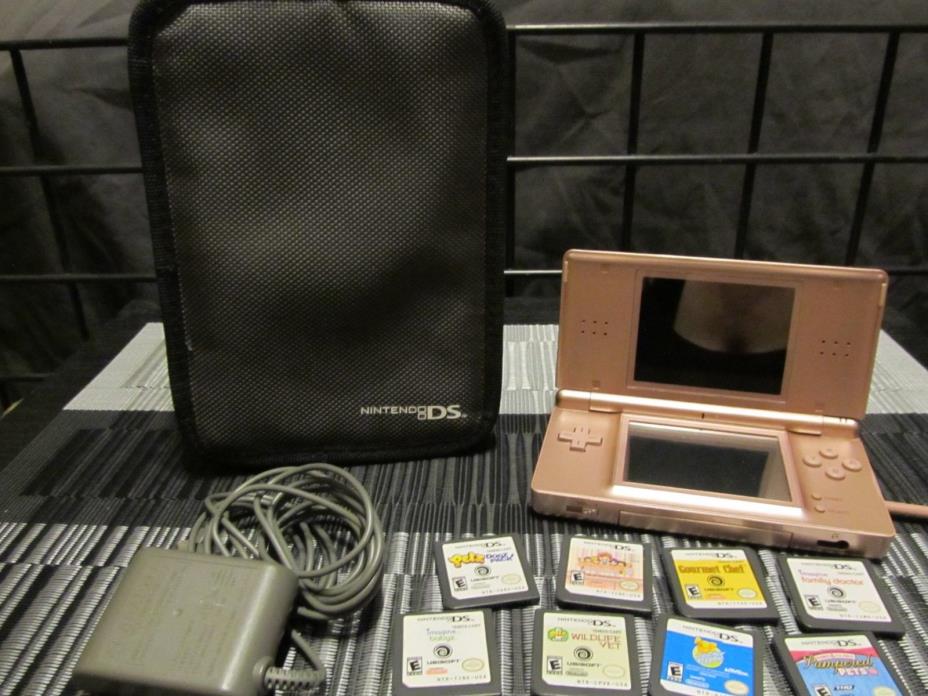 Rose Nintendo DS Lite With wall charger, case, stylus, & 8 games lot