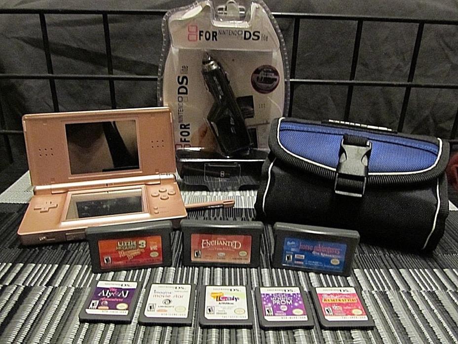 Rose Nintendo DS Lite With car charger, case, stylus, & 8 games lot