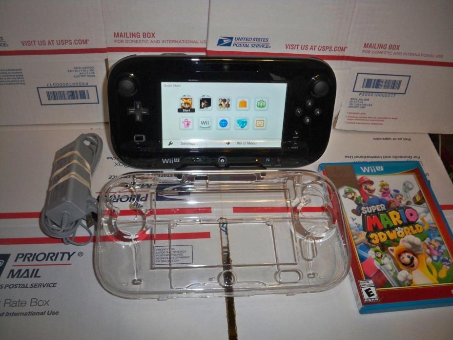 WII U BLACK GAME PAD + CHARGE CORD  CRADLE 1 Game and clear hard cover