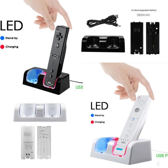 Dual Charger Dock Station + 2 Battery Charging For Wii / Wii U Remote Controller