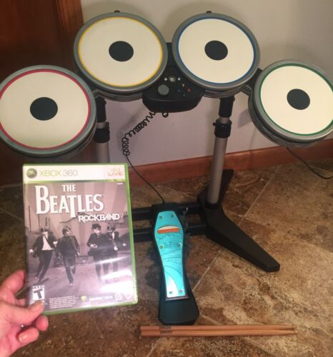 Xbox 360 Rock Band Wireless Drum Set & Stand & Beatles Game & Drumsticks  Tested