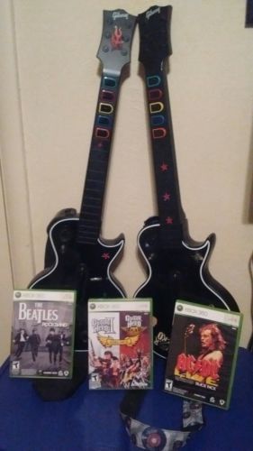 2 XBox 360 RedOctane Guitar Hero Gibson Les Paul controllers  Straps & 3 Games