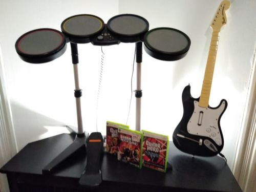 Rock Band Xbox 360 Bundle Drumbs Gutiar & 3 Rock Band Games Green Day Aero Smith
