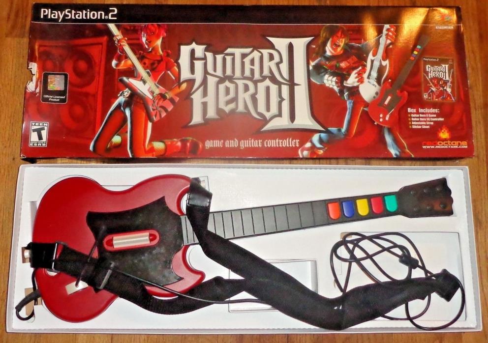 PS2 Guitar Hero Red/Black RedOctane Wired Controller (PSLGH) With Strap + Game