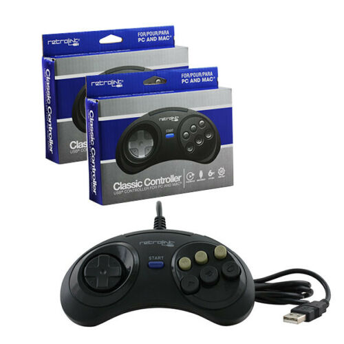 2 X Sega Genesis BLACK 6-Button USB Classic Controller Pad to PC MAC RetroLink