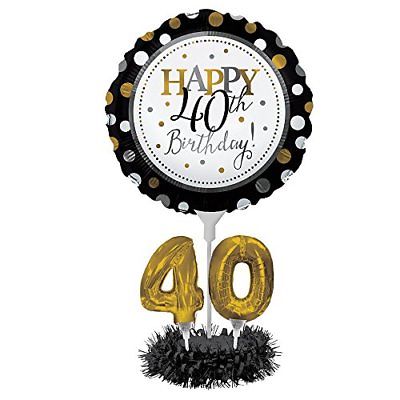 Happy 40th Birthday Balloon Centerpiece Black and Gold for Milestone Birthday
