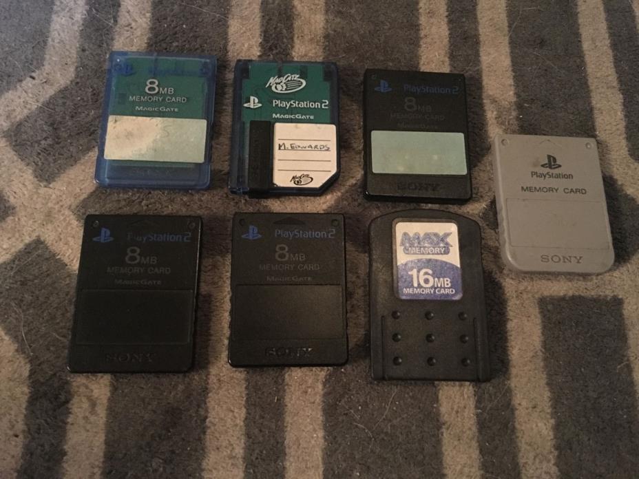 LOT OF 7 SONY PLAYSTATION 1 & 2 MEMORY CARDS, DIFFERENT ASST.