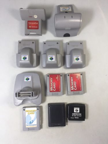 Nintendo 64 Accessory Lot N64 Rumble Paks, Memory Cards, Jumper, Transfer Pak