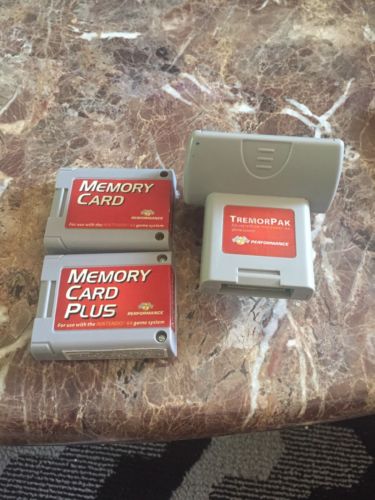 Performance Nintendo 64 N64 TremorPak Plus and Memory Cards Lot w/ battery cover