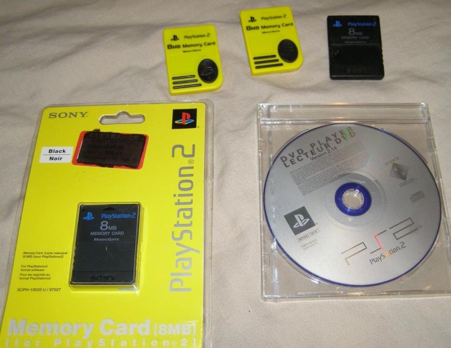 Sony Playstation 2 PS2 x4 8mb memory cards / one NIP + DVD player CD NIS