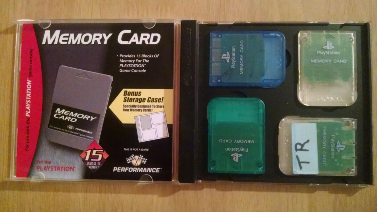 Performance Memory Card Storage Case Sony PlayStation PS1 w/ 4 OEM Memory Cards