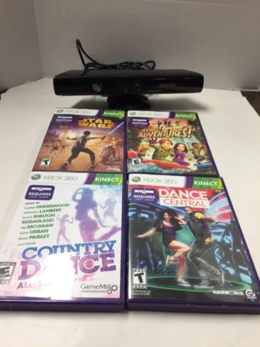 Genuine Microsoft XBOX 360 Kinect Motion Sensor Bar Black 1473 W/ 4 Games