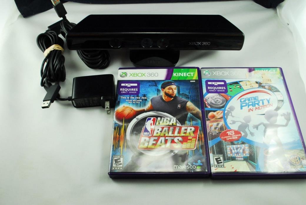 MICROSOFT XBOX 360 KINECT SENSOR 1414 & AC ADAPTER 1429 2 Game Bundle