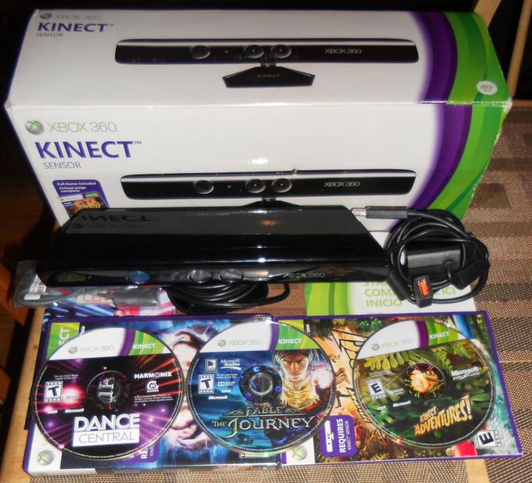 BOXED Microsoft Xbox 360 Kinect Motion Sensor Bar 1414 w/Cords, 3 Games, TESTED!