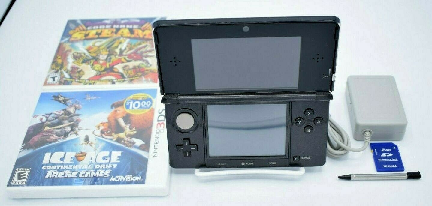 Nintendo 3DS Black CTR-001 w/ 2GB SD Card, 2 Games, Stylus & Charger - EXCELLENT