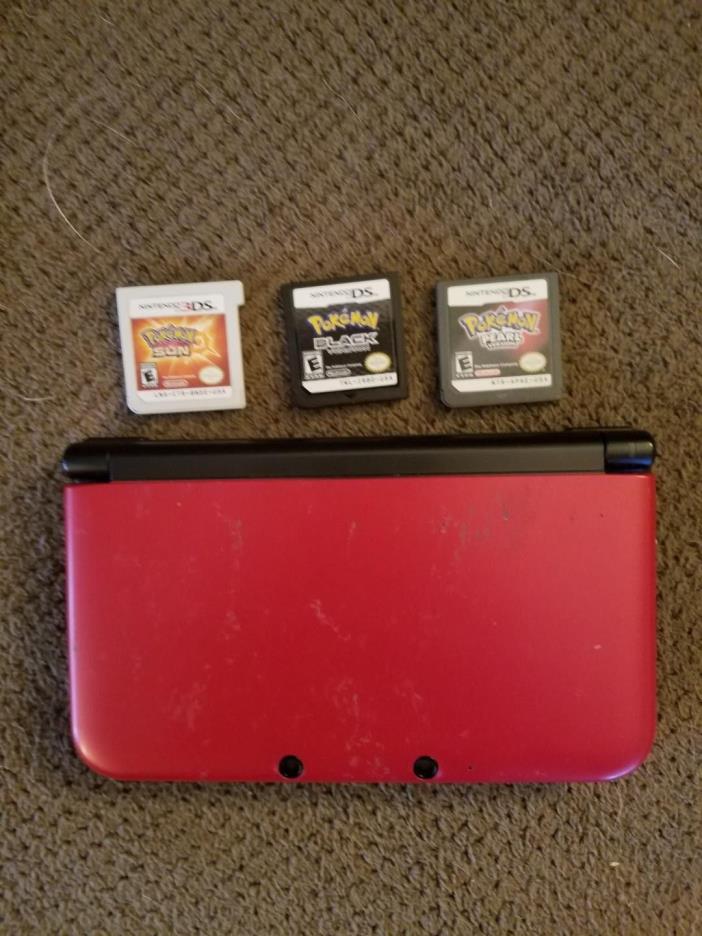 Nintendo 3DS XL (red). Pokemon Sun, Black, and Pearl. Charging cable included.