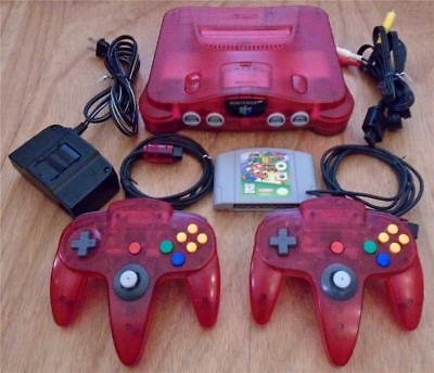 TESTED Watermelon Red N64 Nintendo Console + Expansion + 2 Controllers +Mario 64